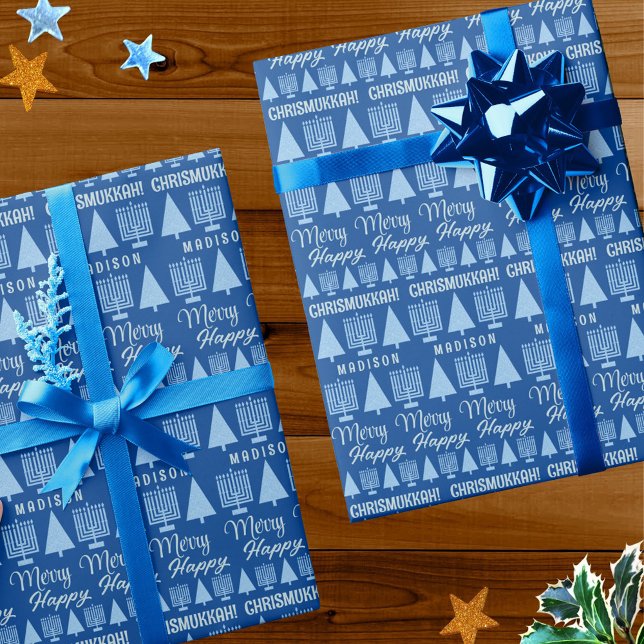 Merry Blue Intertron Barn Namn Chrismukkah Presentpapper (Dark blue CHRISMUKKAH wrapping paper is easy to customize - just add a child's name into the design)