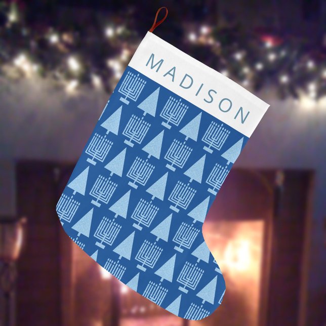 Merry Blue Intertron Chrismukah Cute Barn Namn Stor Julstrumpa (A pattern of Hanukkah menorahs and Christmas trees in blue for a Merry Everything holiday stocking)