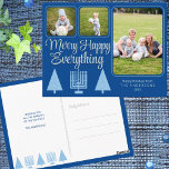 Merry Blue Intertron Family Kids 3 Photo Helgdag Vykort<br><div class="desc">En 3-helgdag-vykortsmall för fotokollage som du kan anpassa för elegant pastellblått och mörk blått interreligiöst Merry Lycklig All-helghälsningar gör det till en häst att skapa dina egna Chrismukah-vykort. Framsidan av dessa ljusblå och mörk blått vykort för chic har ett modernt Julgranar och en blek blå Menorah tillsammans med två små...</div>