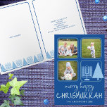 Merry Blue Intertrust Cute Handwrite 3 Photo Helgkort<br><div class="desc">Anpassningsbar Merry Lycklig Chrismukkah Julhälsningar kort som innehåller dina foton är ett sött sätt att sprida helgdag under helgdagarna. Den här unika designen är skapat med interreligiösa familjer i åtanke och omfattar handskrivet stil typsnitt i roligt i blek blått på rikens blå bakgrund, tre av dina favoritfoton och ett modernt...</div>