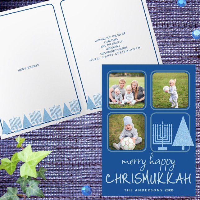 Merry Blue Intertrust Cute Handwrite 3 Photo Helgkort (Easy to personalize, these menorah and tree holiday cards celebrate Christmas and Hanukkah together)