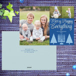 Merry Blue Intertrust Träd Menorah Cute 3 Photo Julkort<br><div class="desc">Fotomallar gör att det blir en fästning med det här moderna eleganten Merry Lycklig Allt-designen i pastellblått och mörk blått att utforma dina egna 3 helgdagskort för fotokollage. Lägg till ditt favoritfoto till lämnad om de här anpassningsbarna och lägg sedan till två mindre bilder på den övre högerna ovanför MERRY...</div>