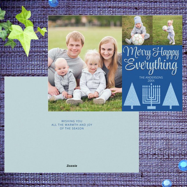 Merry Blue Intertrust Träd Menorah Cute 3 Photo Julkort (Cute Merry Happy Everything holiday cards with Christmas trees and Hanukkah menorahs)