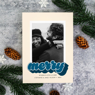 Merry Blue Retro Script-julfoto Julkort