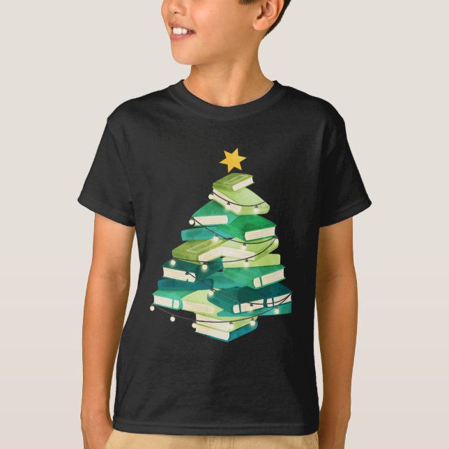 Merry Bookmas Bokar Gräs Träd Roligt Reading Älska T Shirt (Framsida)
