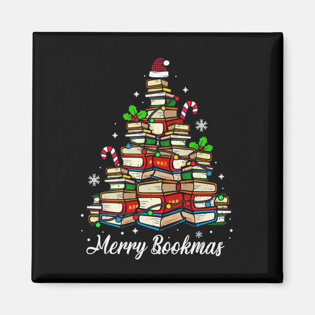 Merry Bookmas Bokar Julgran Bok Älskare Sant Magnet (Framsidan)