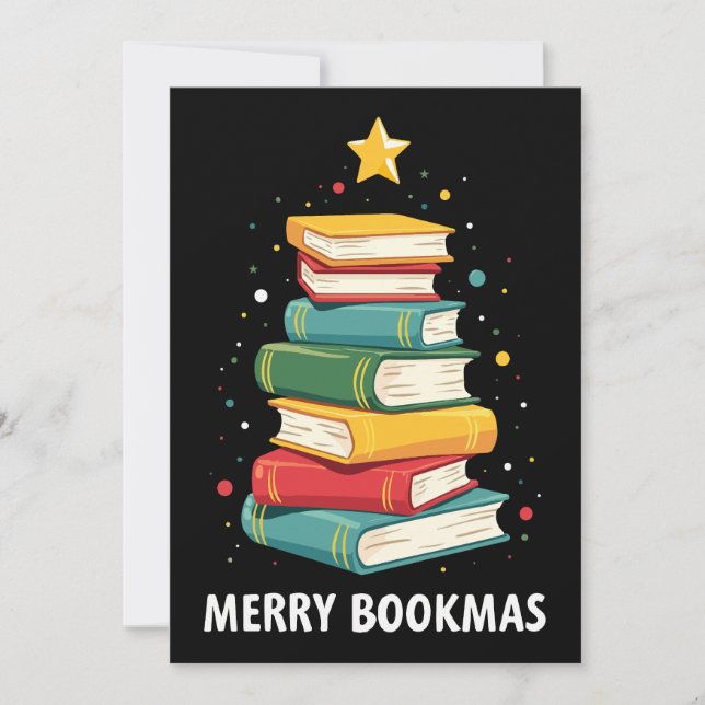 Merry Bookmas - Festive Bok Stack för Bok Älskare Inbjudningar (Framsida)