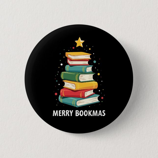 Merry Bookmas - Festive Bok Stack för Bok Älskare Knapp (Framsida)