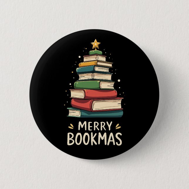 Merry Bookmas - Festive Bok Stack för Bok Älskare Knapp (Framsida)