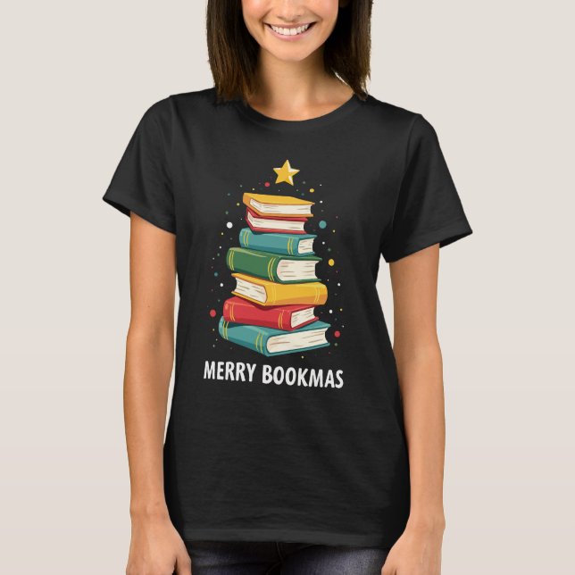 Merry Bookmas - Festive Bok Stack för Bok Älskare T Shirt (Framsida)