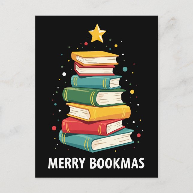 Merry Bookmas - Festive Bok Stack för Bok Älskare Vykort (Framsida)