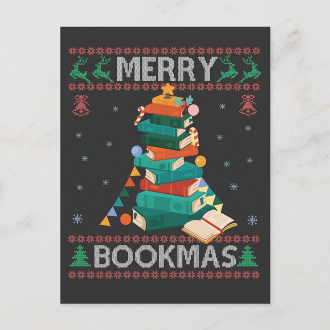 Merry Bookmas Funny Ugly Julafton Sweater Bibliote Meddelande Vykort (Framsida)