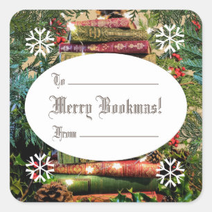 Merry Bookmas! Kvadratisk markering för bokstack Fyrkantigt Klistermärke