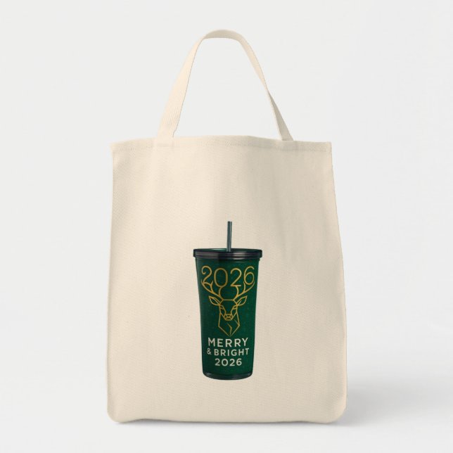 Merry & Bright 2026 Geometric Reindeer Acrylic Tra Tygkasse (Framsidan)