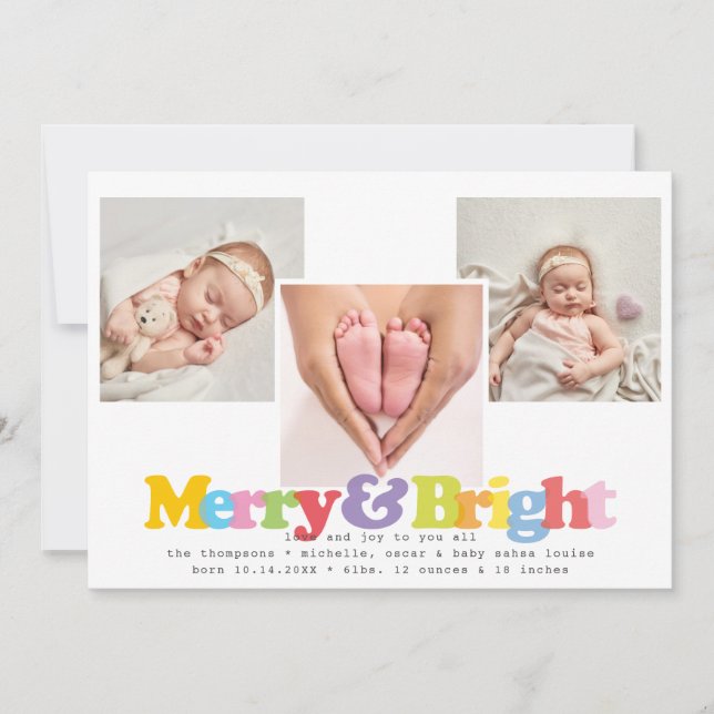 Merry Bright 3 Photo Helgdag Birth Notice Julkort (Framsida)