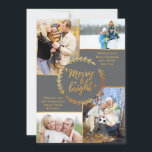 Merry & Bright 4 Photo Collage Grått Guld jul Julkort<br><div class="desc">Anpassa den här snyggten till julkort med fyra av dina favoritfoton i familjen. Mallen är konfigurerad så att du kan lägga till dina fyra foton och har även två redon för hälsning och namn. Kortets mittpunkt har en vinterkrans med texten "Merry and Bright" i en modern och chic palett av...</div>