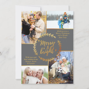 Merry & Bright 4 Photo Collage Grått Guld jul Julkort