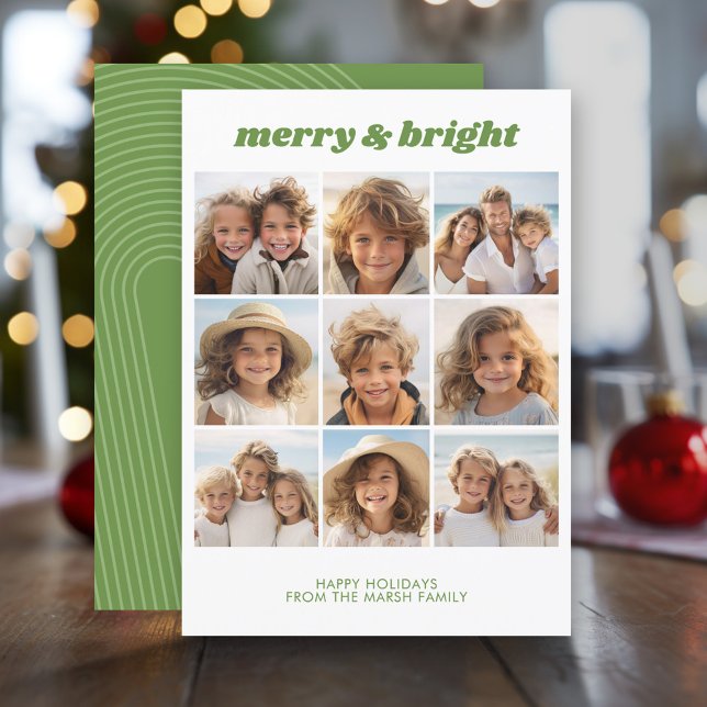 Merry & Bright - 9 Photo - Zen Arch Grönt White Julkort (Modern Christmas Photo Greeting Card)