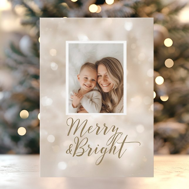 Merry & Bright Beige Gold Christmas Photo Julkort (Skapare uppladdad)