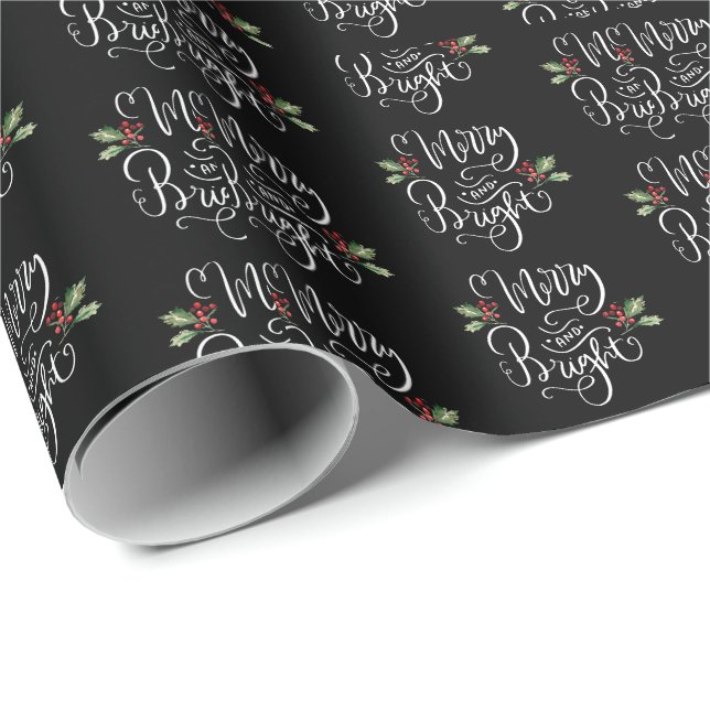 Merry Bright Black White jul Presentpapper (Rullad Hörn)