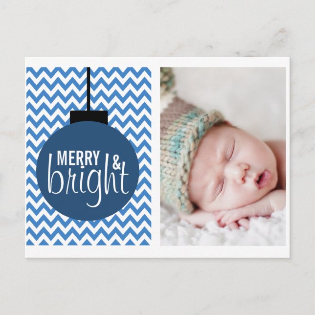 MERRY & BRIGHT BLUE CHEVRON HELGDAG CARD HELG VYKORT (Framsida)