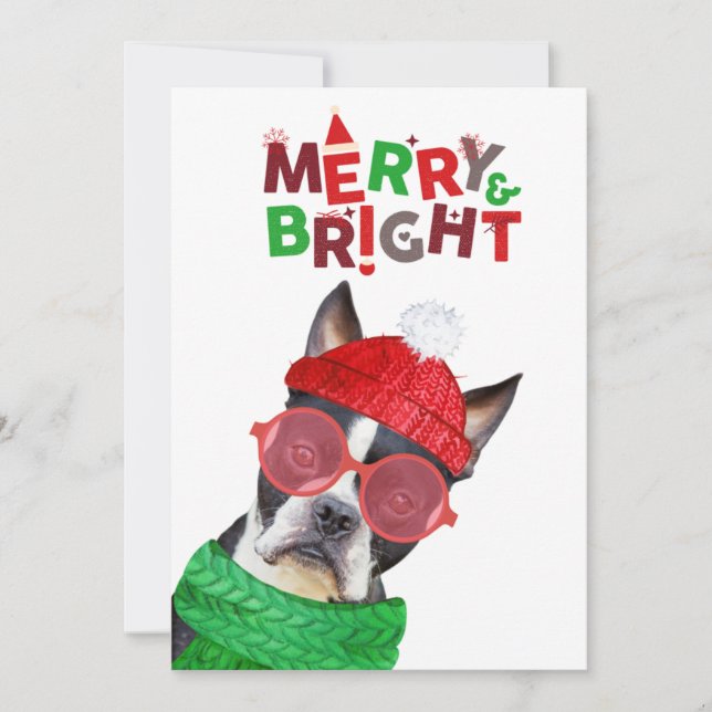 Merry & Bright Boston Terrier Glasses Hat Scarf Julkort (Framsida)
