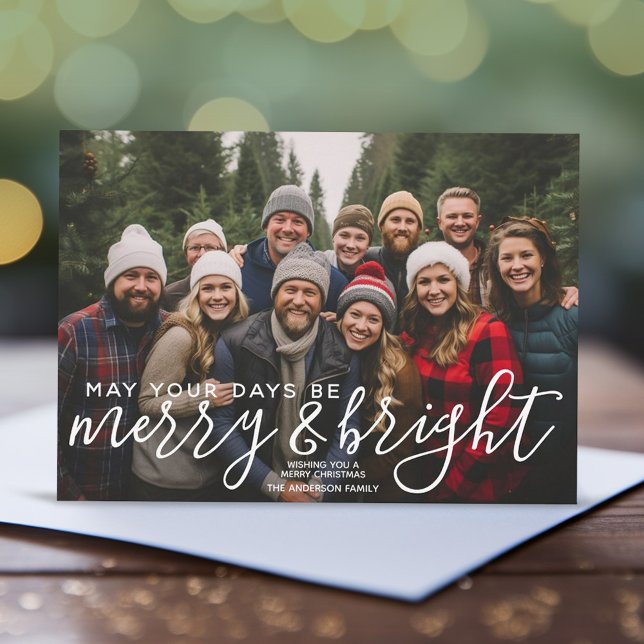 Merry & Bright Calligraphy - Fullt Vågrät Photo Julkort (Add 1 photo to this modern Christmas Card with the greeting - May Your Days Be Merry and Bright)