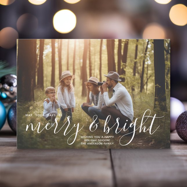 Merry & Bright Calligraphy - Fullt Vågrät Photo Julkort (Modern Christmas Photo Greeting Card)