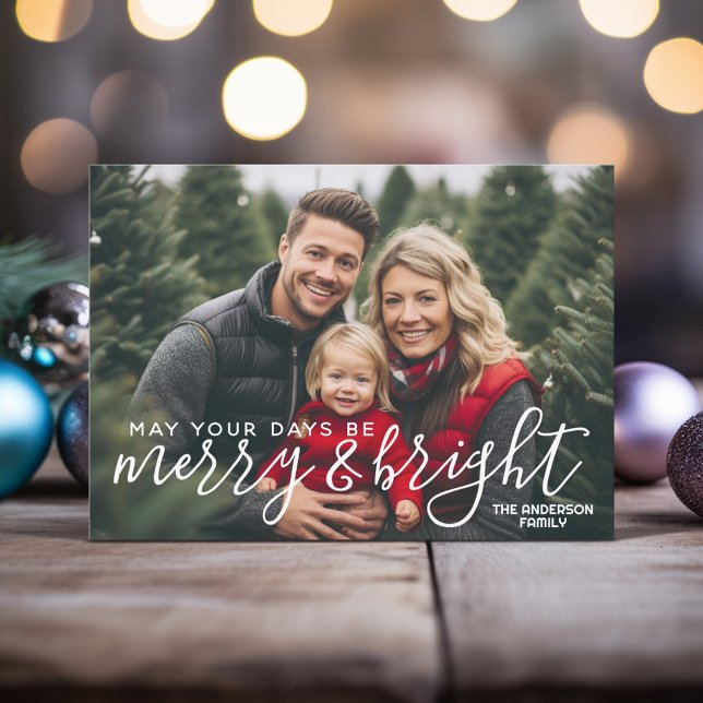 Merry & Bright Calligraphy - Fullt Vågrät Photo Julkort (Modern Christmas Card with 1 Horizontal Photo and a rustic modern font in white - download option)