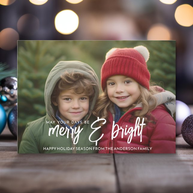 Merry & Bright Calligraphy - Fullt Vågrät Photo Julkort (Modern Christmas Photo Greeting Card)