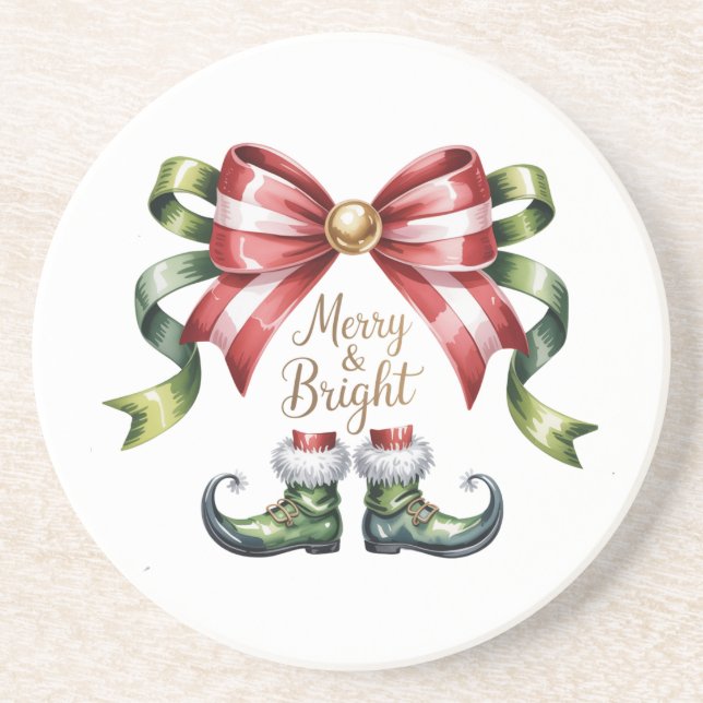 Merry & Bright Christmas Bow & Elf Shoes Coaster Underlägg (Framsidan)