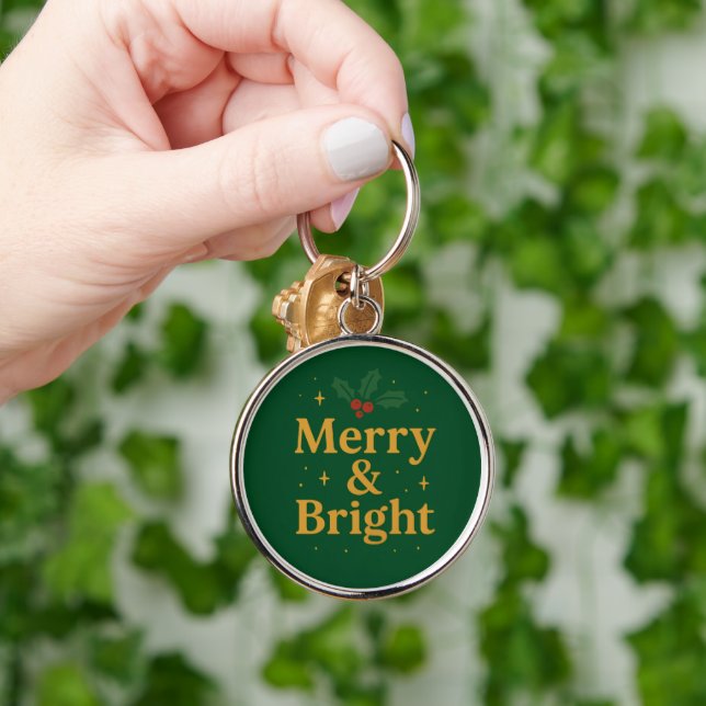 Merry & Bright Christmas Quote Rund Silverfärgad Nyckelring (Hand)