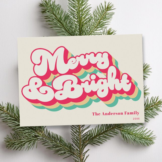 Merry & Bright Classic Retro Typography Non Photo Julkort (Skapare uppladdad)