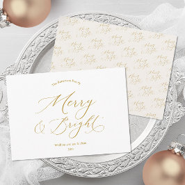 Merry & Bright Elegant Gold Script Christmas Card Julkort