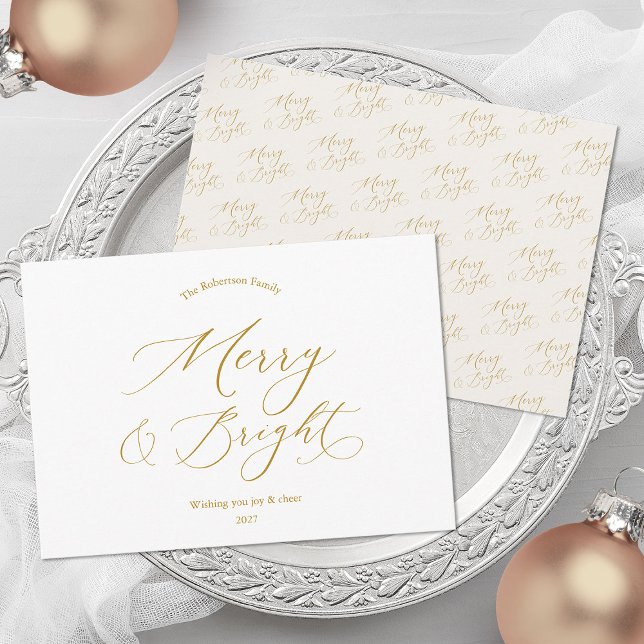 Merry & Bright Elegant Gold Script Christmas Card Julkort (Skapare uppladdad)