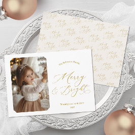 Merry & Bright Elegant Gold Script Christmas Photo Julkort