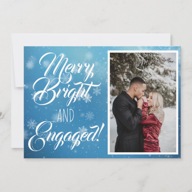 Merry Bright Engaged Blue Snowflake Bokeh Photo Julkort (Framsida)