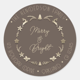 Merry Bright Family Adress Hjort Stars Guld Sepia Runt Klistermärke