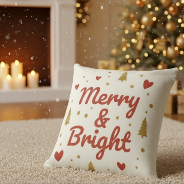 Merry & Bright" Festive Christmas Throw Pillow Kudde (Skapare uppladdad)