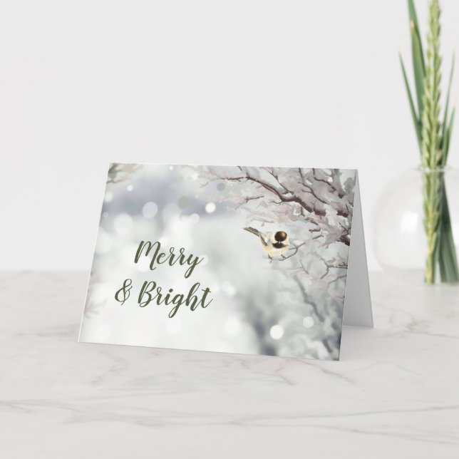 Merry Bright Forest Snöflingor Chickadee Bird Helgkort (Framsida)