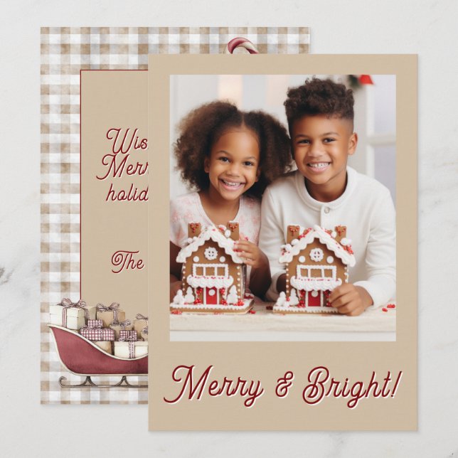 Merry & Bright Gingham Photo Holiday Christmas Julkort (Fram/baksida)