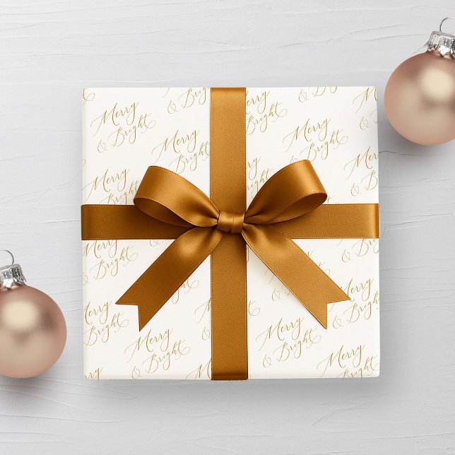 Merry & Bright Gold Script Christmas Presentpapper (Skapare uppladdad)