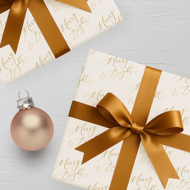 Merry & Bright Gold Script Christmas Presentpapper (Skapare uppladdad)