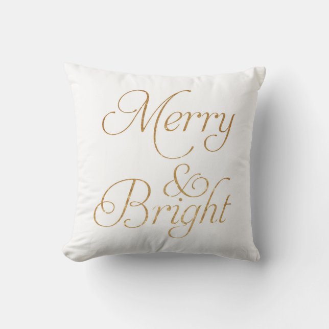 Merry & Bright - Guld och vit julklapp Kudde (Framsida)