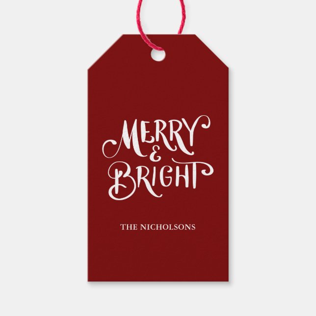 Merry & Bright Handskriftlig skript Red Presentetikett (Framsidan)