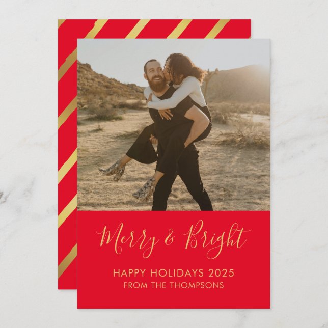 Merry & Bright Holiday Christmas red Photo card Inbjudningar (Fram/baksida)