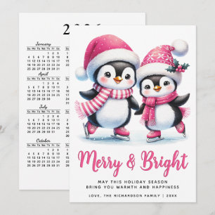 Merry Bright Ice Skating Penguins Rosa jul Julkort