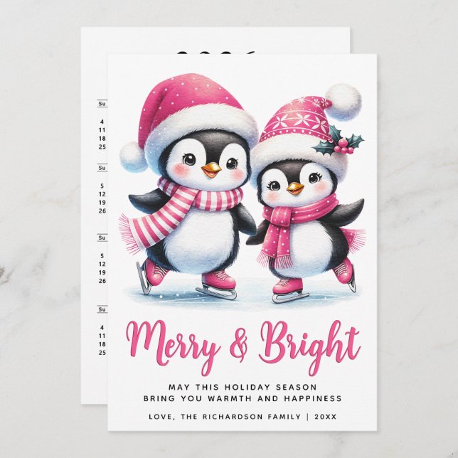 Merry Bright Ice Skating Penguins Rosa jul Julkort (Fram/baksida)