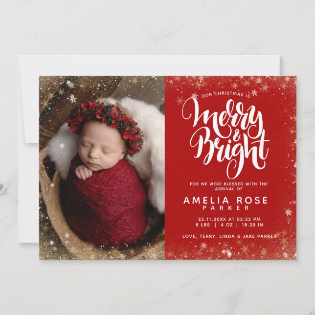 Merry Bright jul Baby Photo Snowflake Birth Meddelande (Framsida)