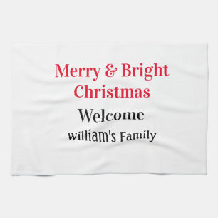 Merry Bright jul - lägg till familj namn välkommen Kökshandduk